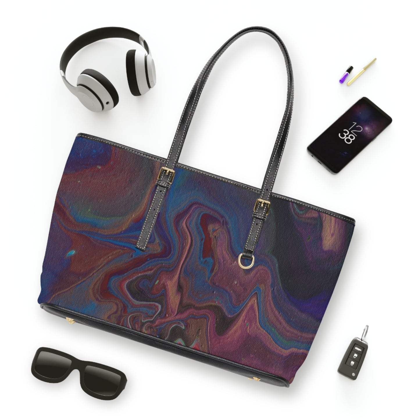Vegan Leather Shoulder Bag - Mystic Currents Fluid Art Pattern in Rich Purples, Blues, Reds